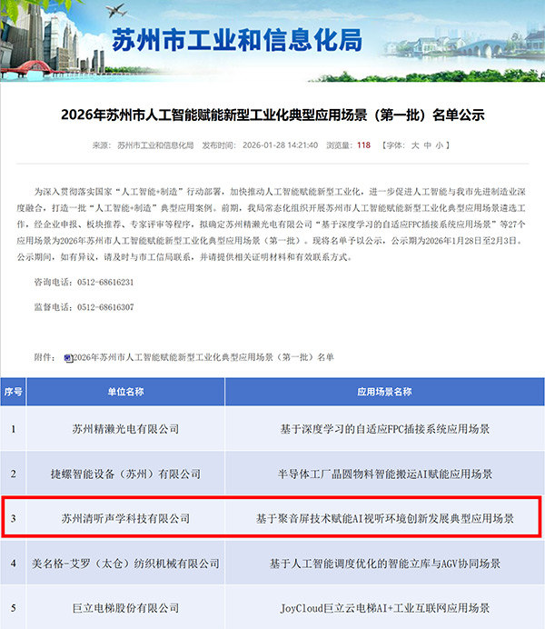 清聽聲學(xué)入選全市首批人工智能賦能新型工業(yè)化示范場(chǎng)景